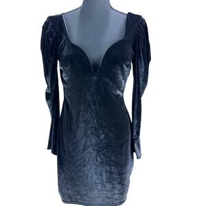 Boohoo black premium velvet deep plunge midi party dress puff sleeve SZ 12